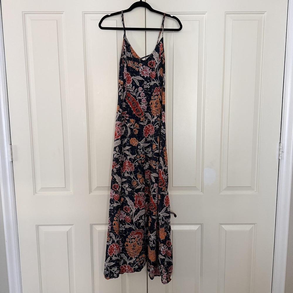 VTG Abercrombie & Fitch Dress Large Blue Floral Maxi Lace-up Back Boho Sundress